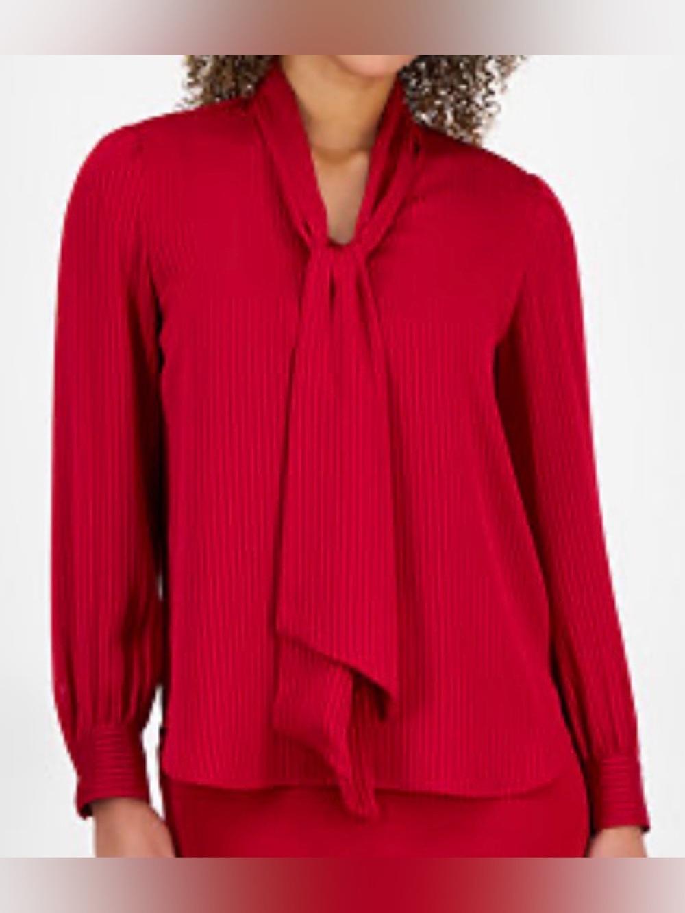 Kasper Satin Stripe Long Sleeve Bow Blouse. Red Tie-Neck Long-Sleeve Blouse